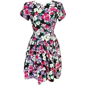 Vintage 80s Floral Dress Open Back Knee Length Skirt Size Small